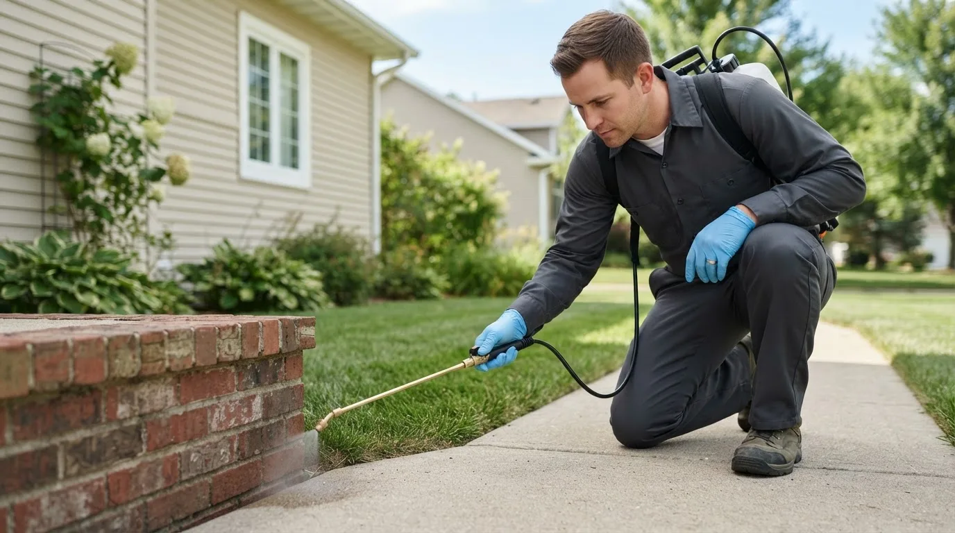 Pest control technician treating a home near Chamisal, NM