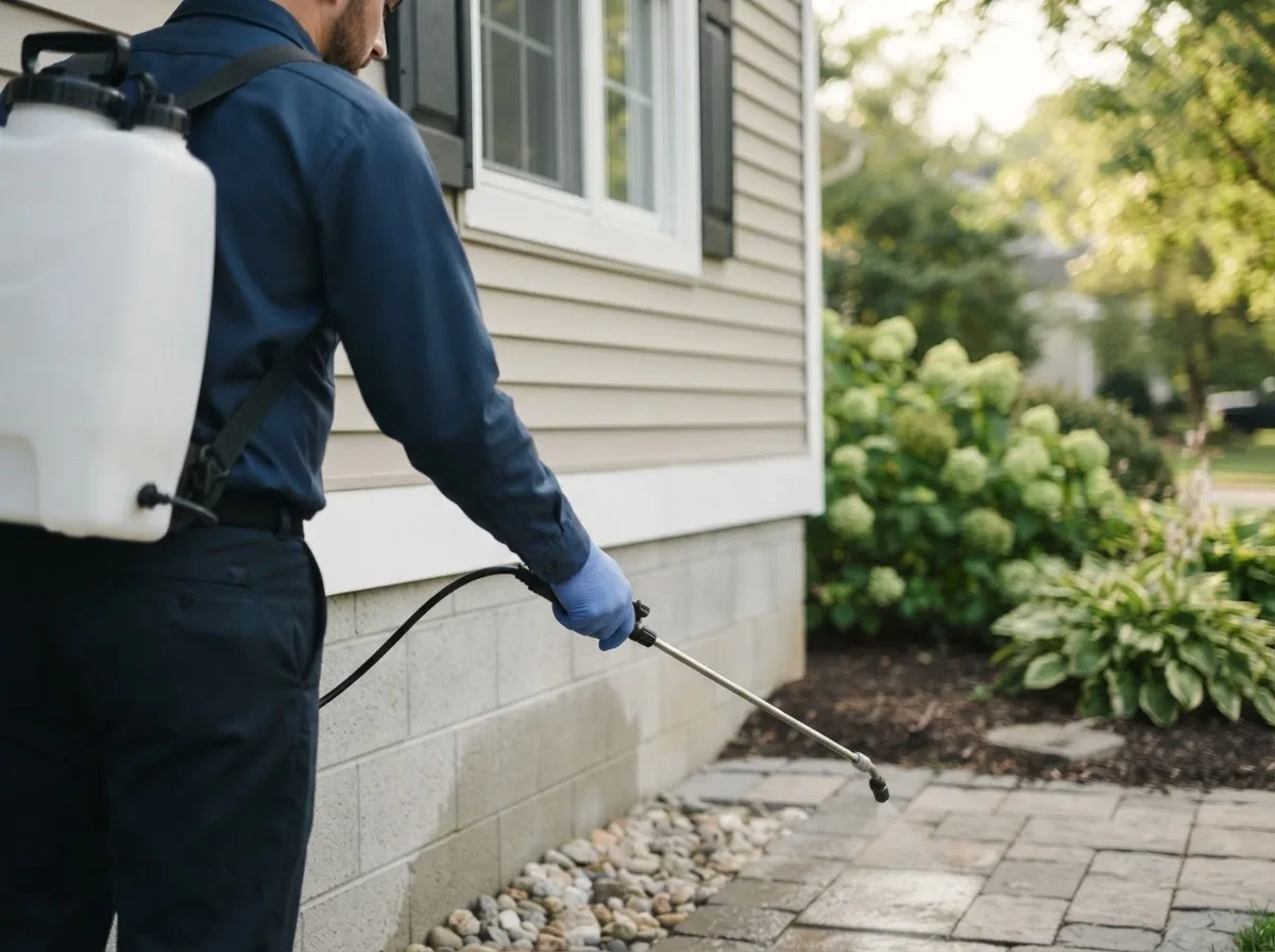 Pest control technician inspecting a home in Chamisal, NM